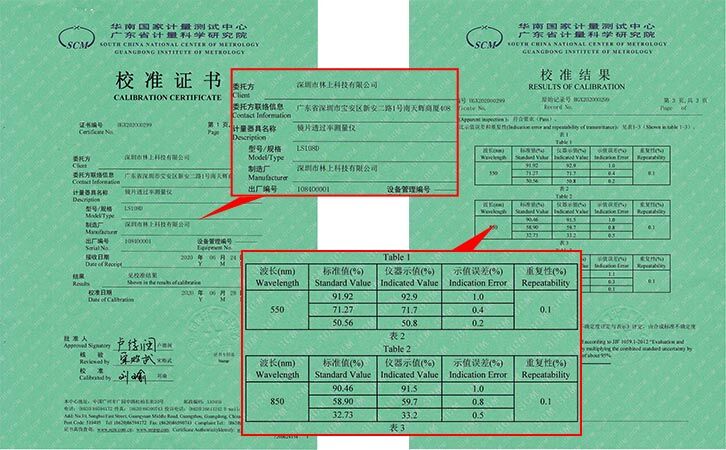 鏡片透過率測量儀校準證書